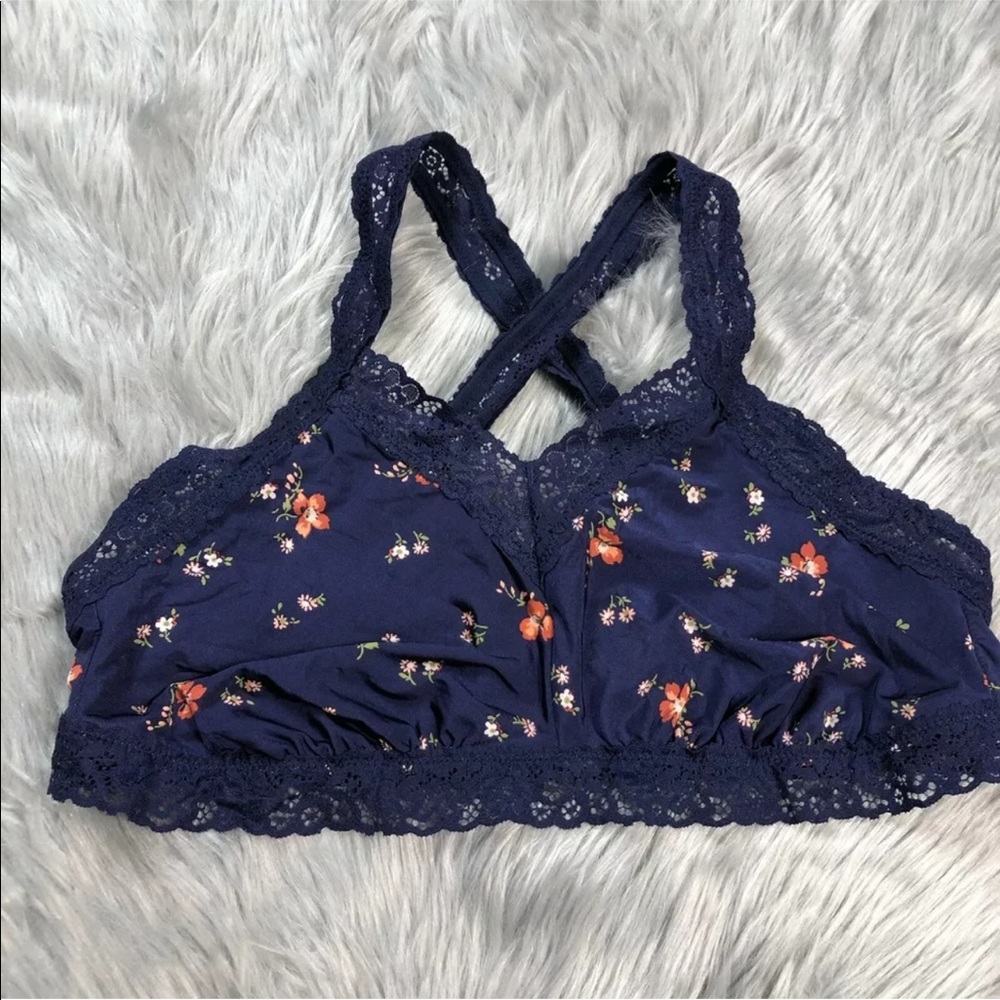 Aerie Bralette Navy Blue Floral Lace Trim Size XL